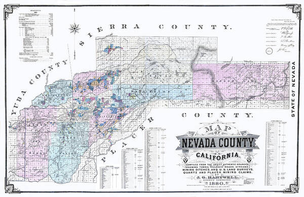 Map Poster featuring the digital art 1880 Nevada County Mining Claim Map by Lisa Redfern