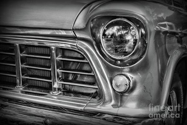 Paul Ward Poster featuring the photograph 1955 Chevy Pick Up Truck Front Quarter Panel in black and white by Paul Ward