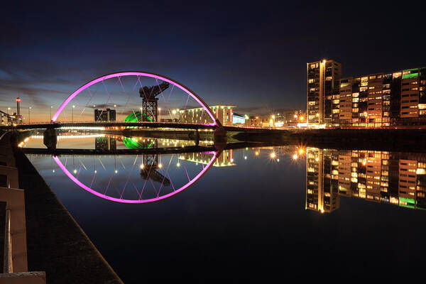 Glasgow Clyde Arc Poster featuring the photograph Glasgow Clyde Arc Bridge at Twilight #2 by Maria Gaellman