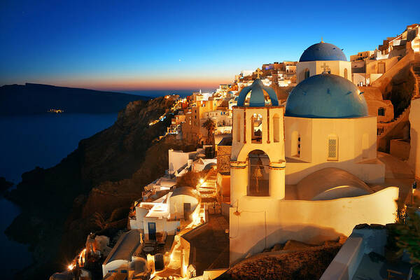 Greece Poster featuring the photograph Santorini skyline night #2 by Songquan Deng