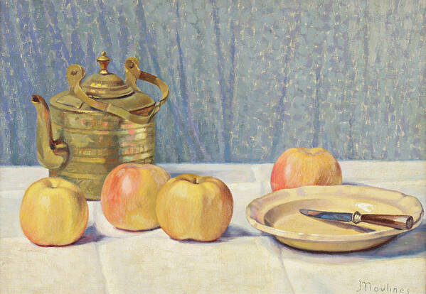Still Life With Apples And Teapot By Ernest Moulines (1870-1942) Poster featuring the painting Still Life with Apples and Teapot #2 by Ernest Moulines