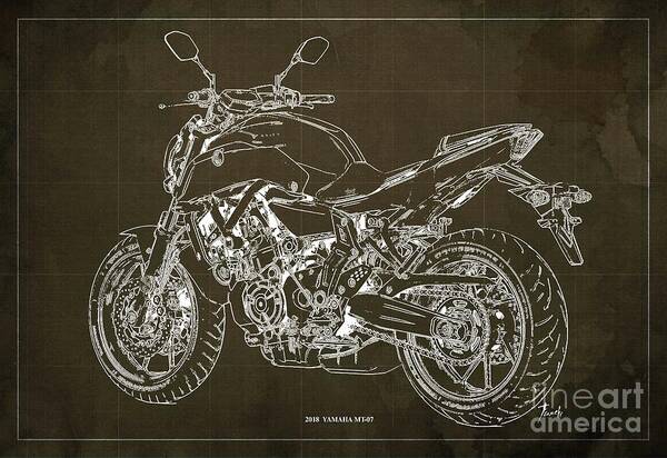 2018 Yamaha MT07,Blueprint,Brown Background,Fathers day gift Poster by  Drawspots Illustrations - Fine Art America