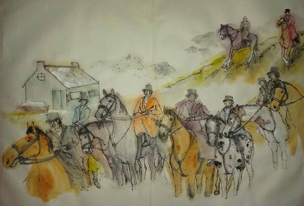 Foxhunting. Figures. Equine. Landscape Poster featuring the painting off to TALLEY HO album #3 by Debbi Saccomanno Chan