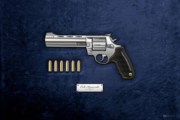 'the Armory' Collection By Serge Averbukh Poster featuring the digital art .44 Magnum Colt Anaconda with Ammo on Blue Velvet #44 by Serge Averbukh