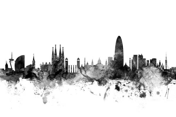 Barcelona Poster featuring the digital art Barcelona Spain Skyline #5 by Michael Tompsett