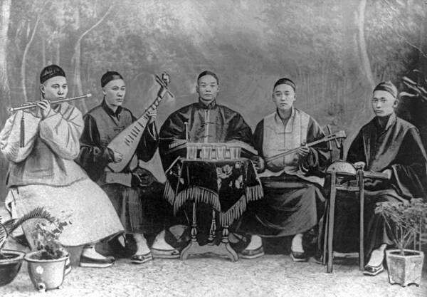 Musician Poster featuring the painting 5 Chinese musicians playing flute, 2-stringed fiddle, 3-stringed psaltery, drums, and small bells by Celestial Images
