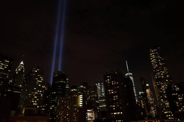 15th Anniversary Poster featuring the photograph 9-11 Tribute NYC Skyline from Seaport by Jeff at JSJ Photography
