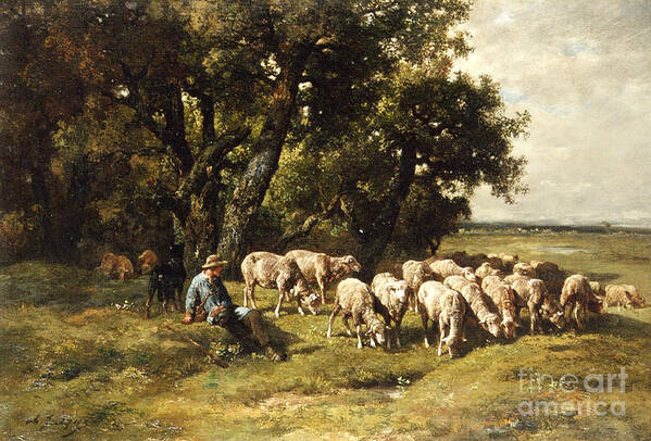 A Shepherd And His Flock Poster featuring the painting A shepherd and his flock by Charles Emile Jacques