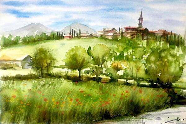 Nature Poster featuring the painting A view from Tuscany by Katerina Kovatcheva