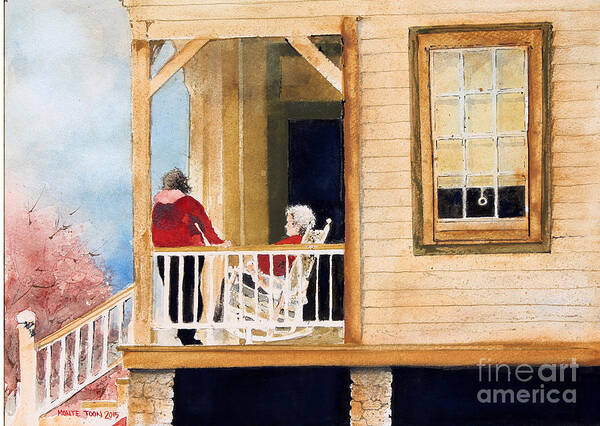 An Elderly Lady Sits In Her Rocking Chair On Her Front Porch While Passing Time With A Visitor. Poster featuring the painting A Visit With Grandma by Monte Toon