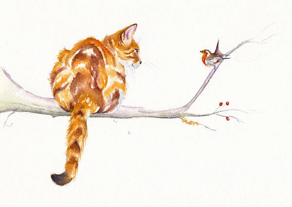 Tabby Poster featuring the painting A Winter Meeting - Ginger Cat by Debra Hall