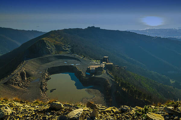 Abandoned Quarry Poster featuring the photograph Abandoned Quarry With Lake Sea And Genoa Panorama by Enrico Pelos