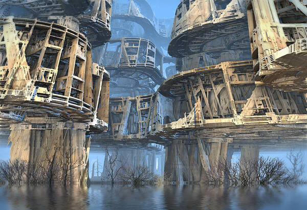 Sciencefiction Scifi Grunge Dystopian Architecture Building Fractal Fractalart Mandelbulb3d Mandelbulb Landscape Water Poster featuring the digital art Abandoned Swamp Village by Hal Tenny