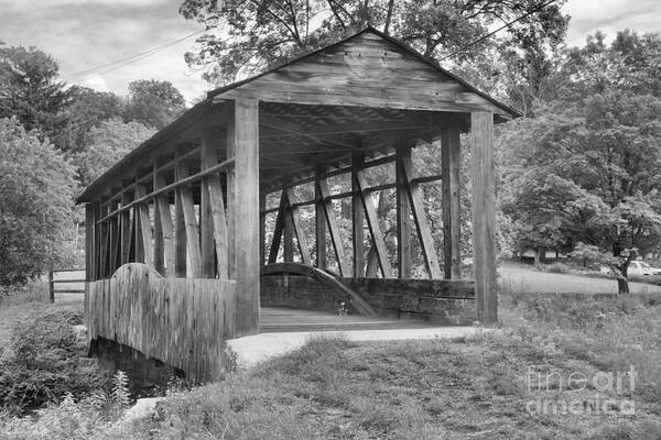 Cuppetts Covered Bridge Poster featuring the photograph After The Rain At Cuppett's Covered Bridge Black And White by Adam Jewell