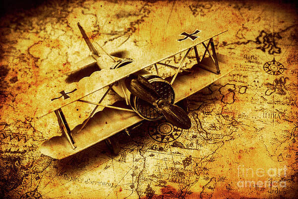 Airplane Poster featuring the photograph Airplane war bomber miniature on vintage map by Jorgo Photography