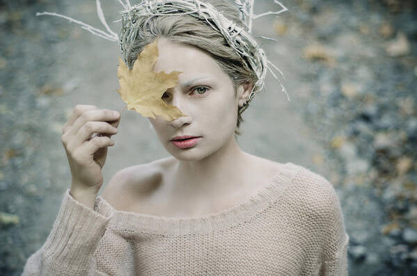 Woman Poster featuring the photograph Albino in Forest. Prickle Tenderness by Inna Mosina