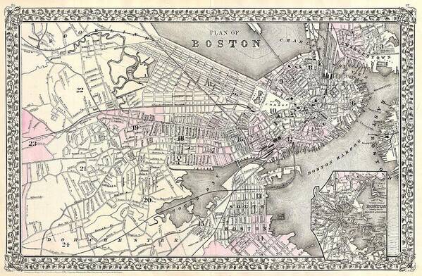 Antique Map Of Boston Poster featuring the drawing Antique Maps - Old Cartographic maps - Antique Map of Boston Massachusetts, 1879 by Studio Grafiikka