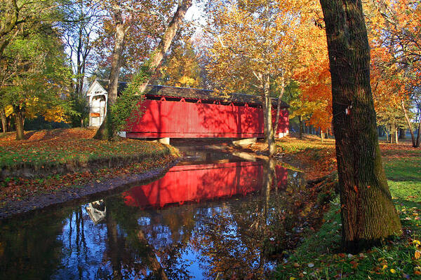 Covered Bridge Poster featuring the photograph Autumn Sunrise Bridge II by Margie Wildblood