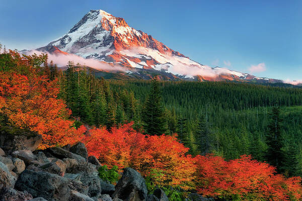 Oregon Poster featuring the photograph Autumn twilight on Oregon's Mt Hood. by Larry Geddis
