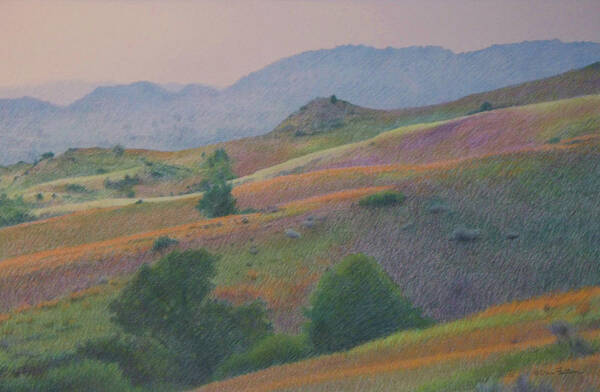 North Dakota Drawings Poster featuring the pastel Badlands in July by Cris Fulton