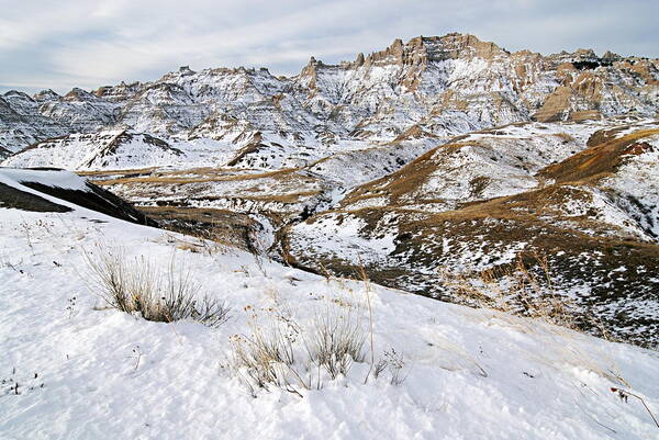 Badlands National Park Poster featuring the photograph Badlands in Snow by Larry Ricker