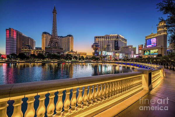 Eiffel Tower Poster featuring the photograph Ballys Paris Planet Hollywood Casino At Dawn Wide by Aloha Art