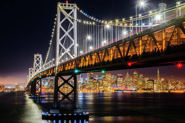 Bay Area Poster featuring the photograph Bay Bridge and San Francisco By Night 10 by Jason Chu