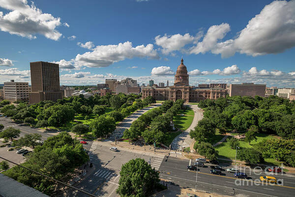 The Texas Capitol Poster featuring the photograph Beautiful wide shot view of the State of Texas Capitol grounds south west-view including the Westgate Tower by Dan Herron