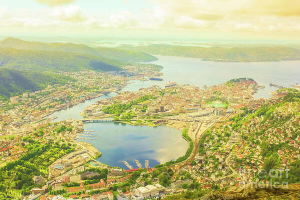 Bergen Poster featuring the photograph Bergen aerial Norway by Benny Marty