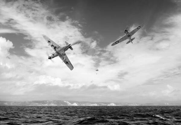 Battle Of Britain Poster featuring the photograph Bf109 down in the Channel BW version by Gary Eason