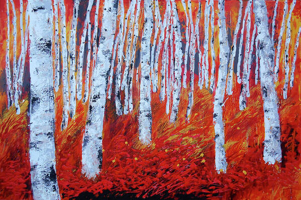 Birch Tree Landscape Forest Woods Fall Autumn Bright Colours Poster featuring the painting Birch in Gold by Leon Zernitsky