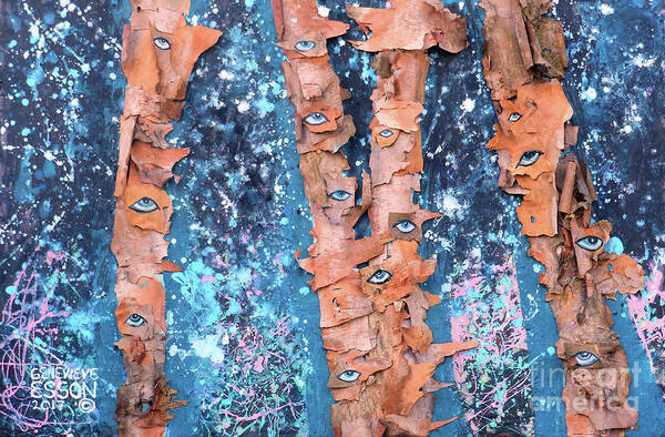 Birch Trees Poster featuring the mixed media Birch Trees With Eyes by Genevieve Esson