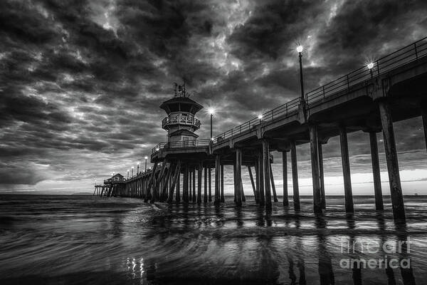 Beach Poster featuring the photograph Black and White Huntington Beach Pier by Peter Dang