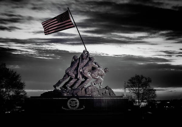 America Poster featuring the photograph Black and White photo of Iwo Jima Memorial in DC by Steven Heap