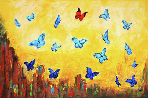 Blue Butterfly Poster featuring the painting Blue and Red Butterflies by Haleh Mahbod