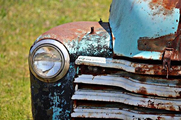 Chevrolet Poster featuring the photograph Blue Antique Chevy Grill- Fine Art by KayeCee Spain