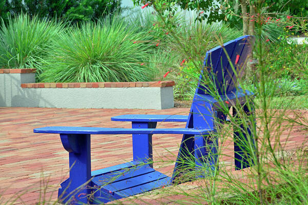 Purple Shield Poster featuring the photograph Blue Chair in Albin Polasek Museum Gardens by Bruce Gourley