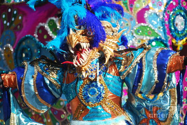 Carnival Poster featuring the photograph Blue Feather Carnival Costume and Colorful Background Horizontal by Heather Kirk