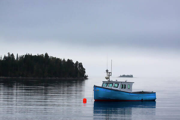 Blue Poster featuring the photograph Blue Fishing Boat in Fog by Carol Leigh