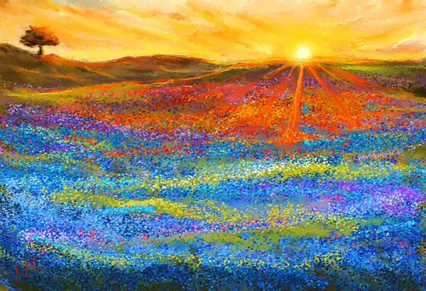 Bluebonnet Poster featuring the painting Bluebonnet Horizon - Bluebonnet Field Sunset by Lourry Legarde