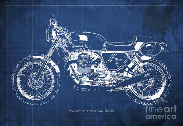 Blueprint Moto Guzzi V7 Clubman Racer , Blue Background Poster by Drawspots  Illustrations - Fine Art America