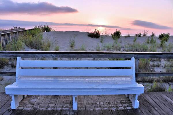 Boardwalk Poster featuring the photograph A Welcome Invitation - The Boardwalk Bench by Kim Bemis