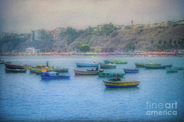 Fishing Boats Poster featuring the photograph Boats in Blue Twilight - Lima, Peru by Mary Machare