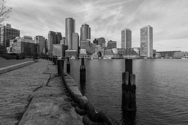 Boston Poster featuring the photograph Boston Cityscape from the Seaport District in Black and White by Brian MacLean