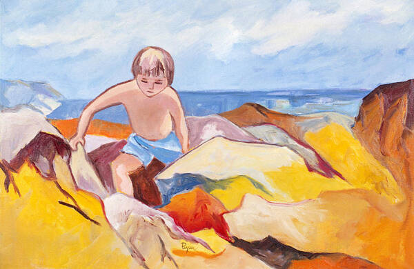 Boy On Beach Poster featuring the painting Boy Climbing Rocks at Seashore by Betty Pieper