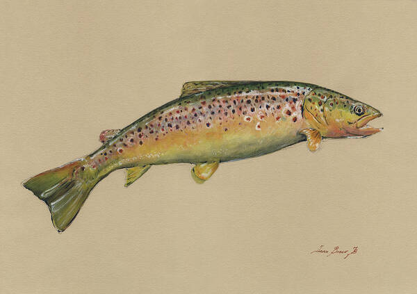 Trout Art Poster featuring the painting Brown trout jumping by Juan Bosco