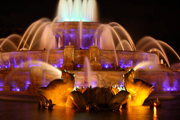 Buckingham Fountain Poster featuring the photograph Buckingham Fountain at Night by Laura Kinker