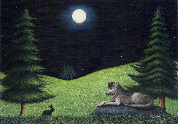 Bunny Poster featuring the drawing Bunny Visits Wolf by Danielle R T Haney