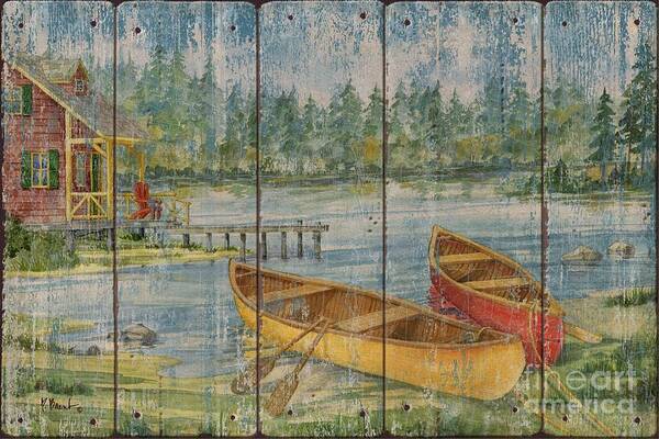 Canoe Poster featuring the painting Canoe Camp with Cabin - Distressed by Paul Brent