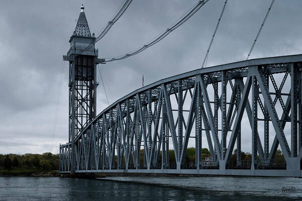 Cape Cod; Railroad; Bridge; Canal; Massachusetts; New England; Landscape; Architecture; Structure; Army Corps Of Engineers; Train; Trains; Transportation; Water; Sky; Clouds; David; Dave; Gordon; Travel; Tourism; Tower; Span; Historic; Buzzards; Bay; Lift; Vertical; Cables; Machinery; Design; Counterweight; Commuter; Coastal; ; Rivets; Blue; Gray; Central; Construction; Transport; Atlantic; Ocean; Ballast; Upright; Board; Boarding; Onboard Poster featuring the photograph Cape Cod Railroad Bridge No. 1 by David Gordon